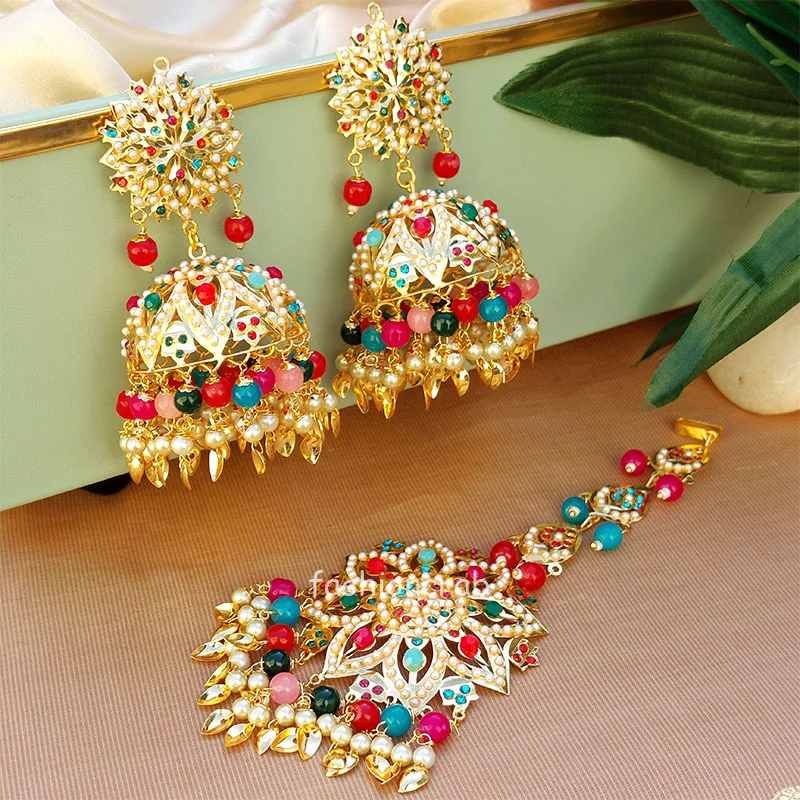 Multicolor Pearl Punjabi Tikka Set with Jhumka