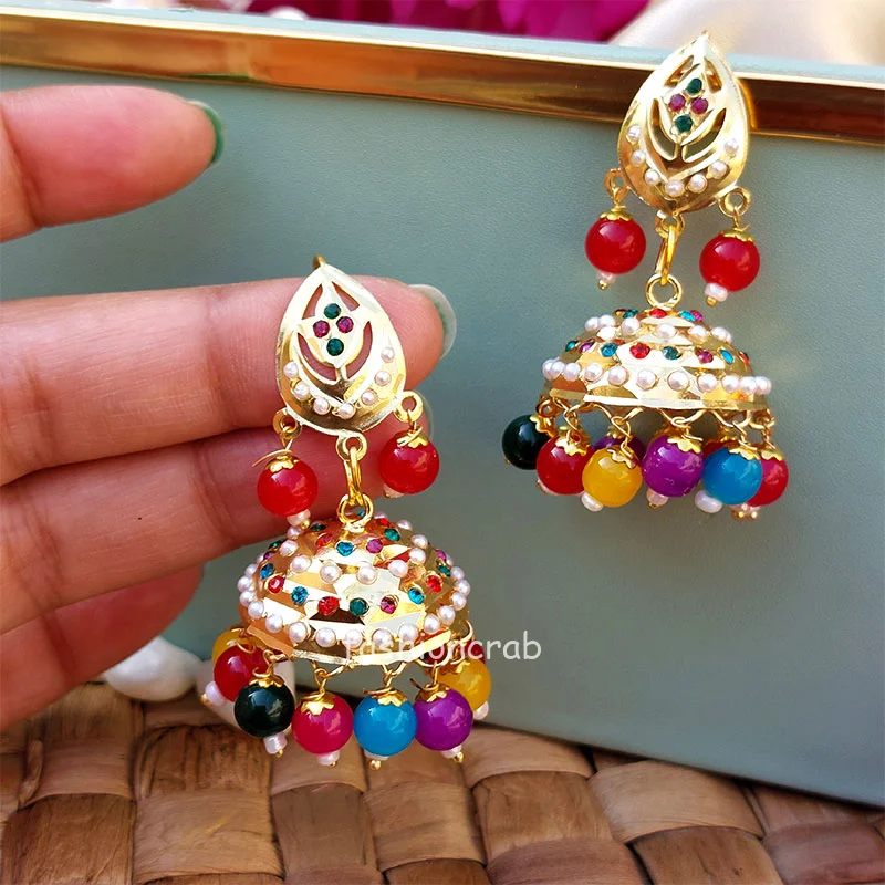 Pearl Studded Small Jhumka Earrings-Multicolor