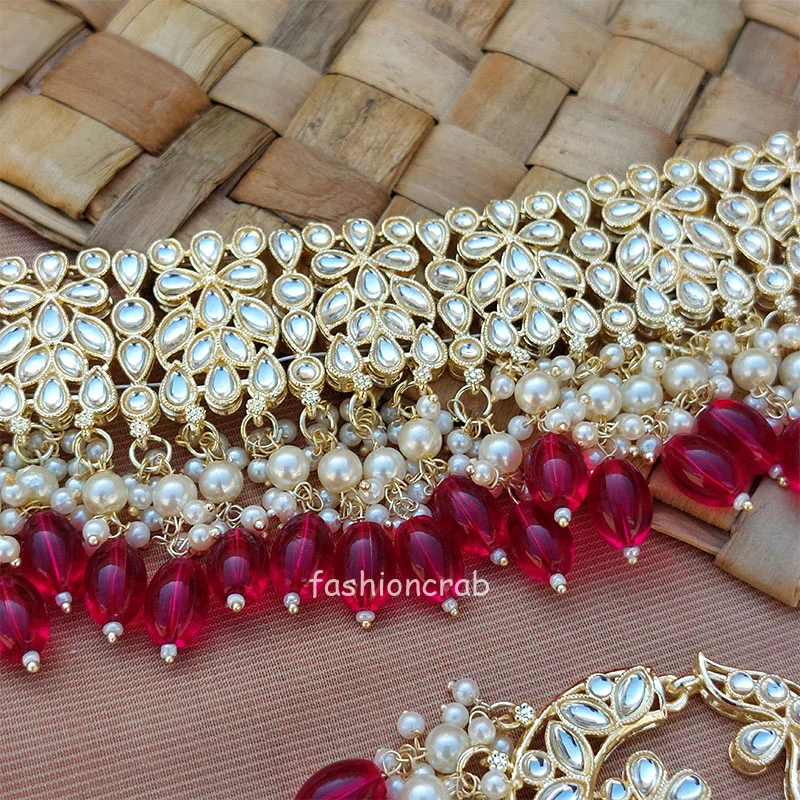 Rani Pink Pearl Kundan Set for Saree