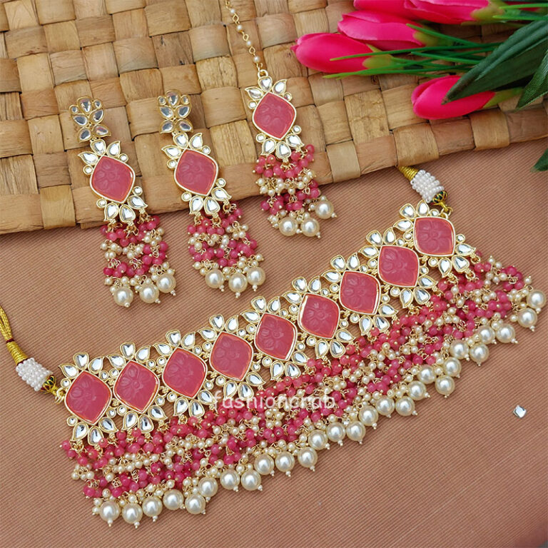 Traditional Pink Colour Stone Necklace