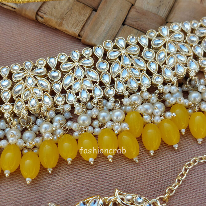 Yellow Pearl Kundan Set for Saree