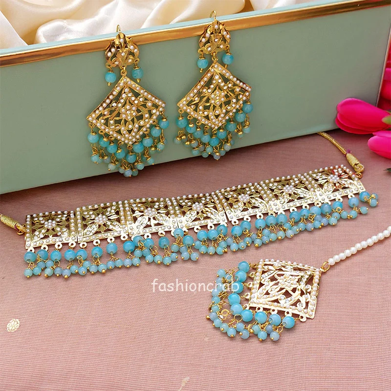 Blue Pearl Jadau Set for Saree