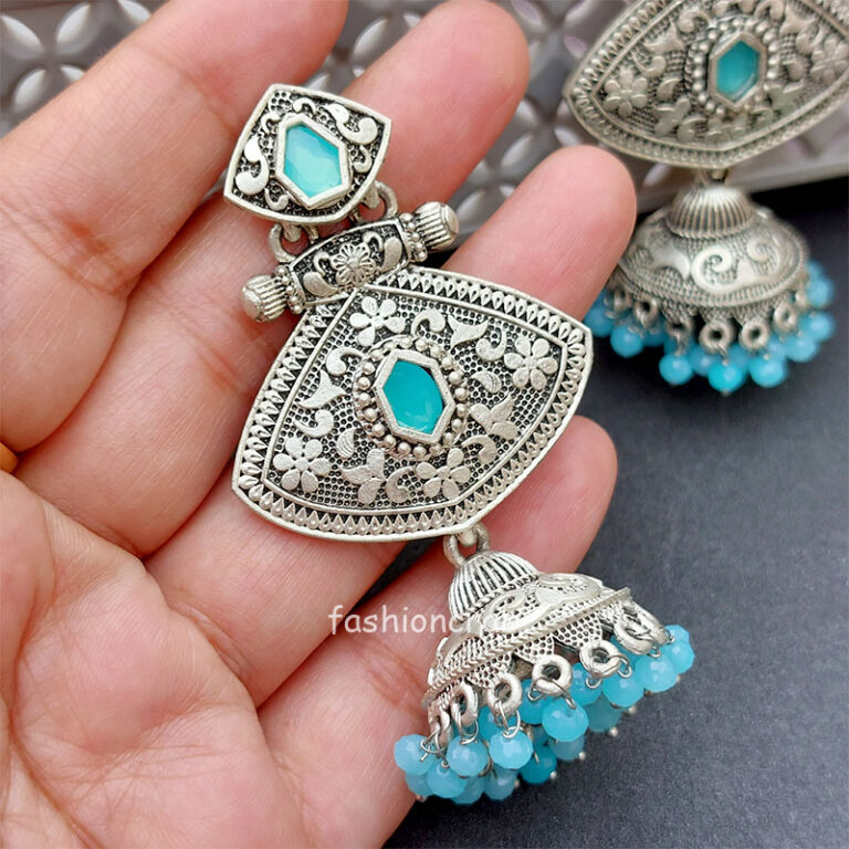 Blue Stone Silver Look Alike Jhumka