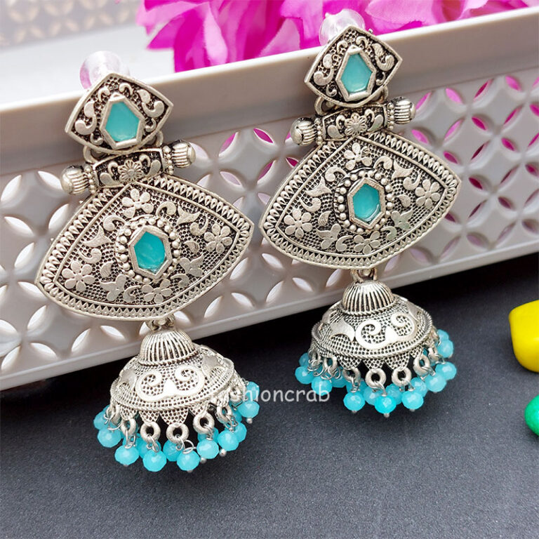 Blue Stone Silver Look Alike Jhumka