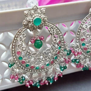 Green Pink Pearl Oxidised Earrings