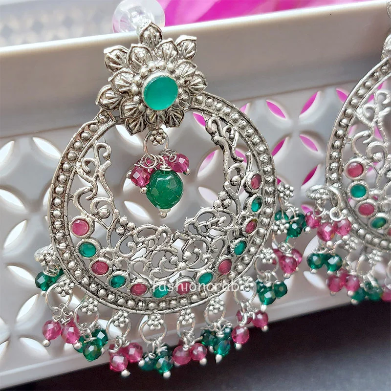 Green Pink Pearl Oxidised Earrings