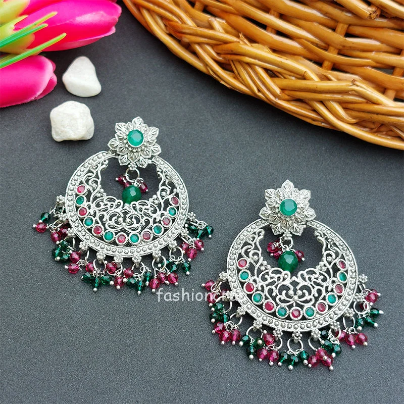 Green Pink Pearl Oxidised Earrings
