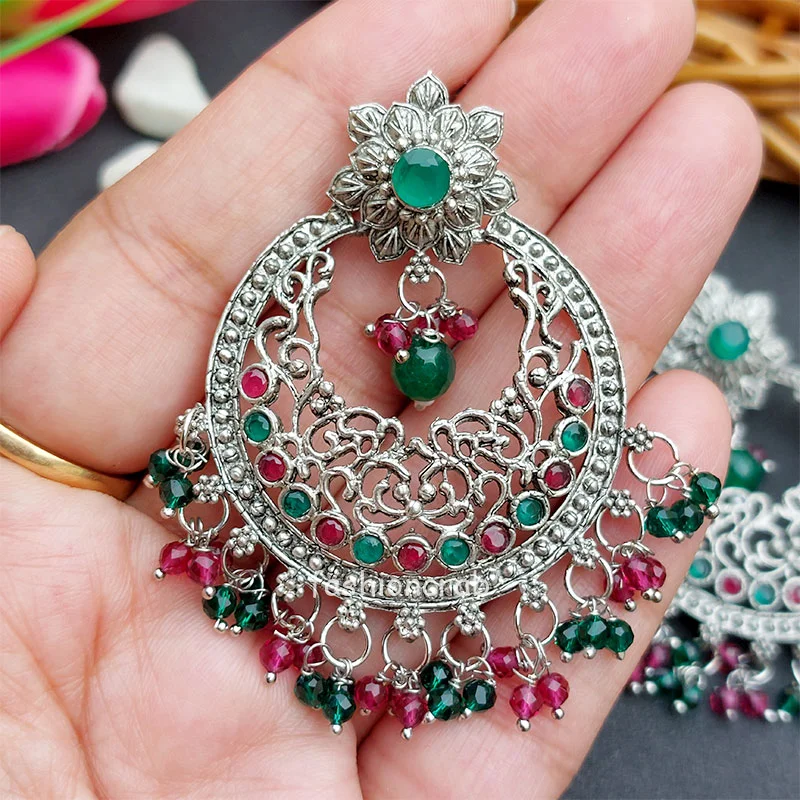 Green Pink Pearl Oxidised Earrings