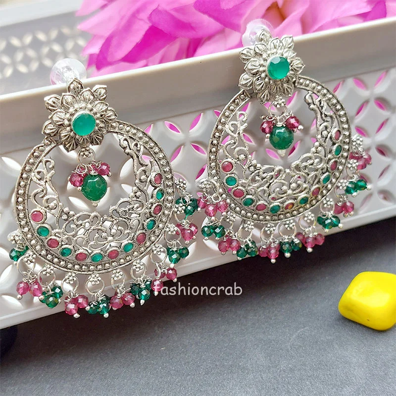 Green Pink Pearl Oxidised Earrings