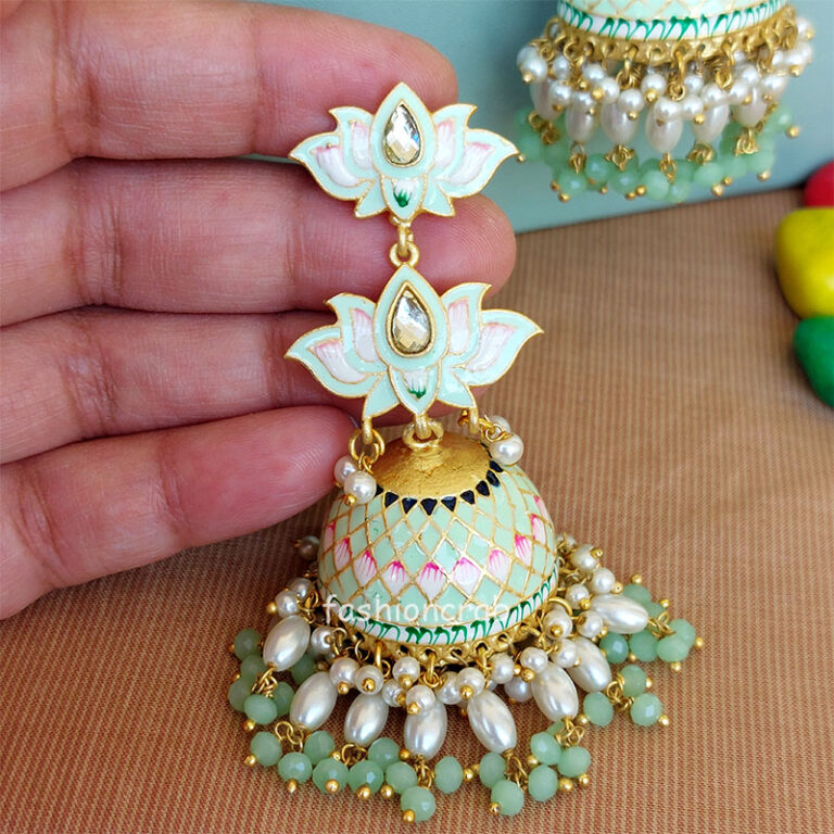 Light Green Meenakari Lotus Jhumka Earring for Wedding
