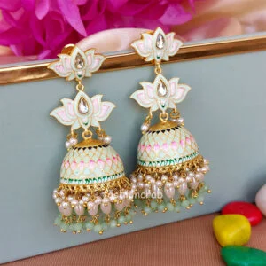 Light Green Meenakari Lotus Jhumka Earring for Wedding