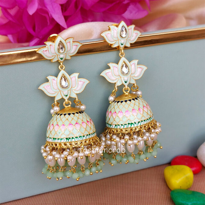 Light Green Meenakari Lotus Jhumka Earring for Wedding Light Green Meenakari Lotus Jhumka Earring for Wedding