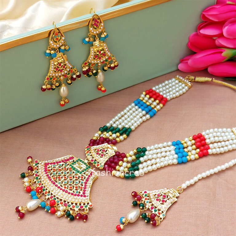 Multicolor Pearl Jadau Jewellery Set