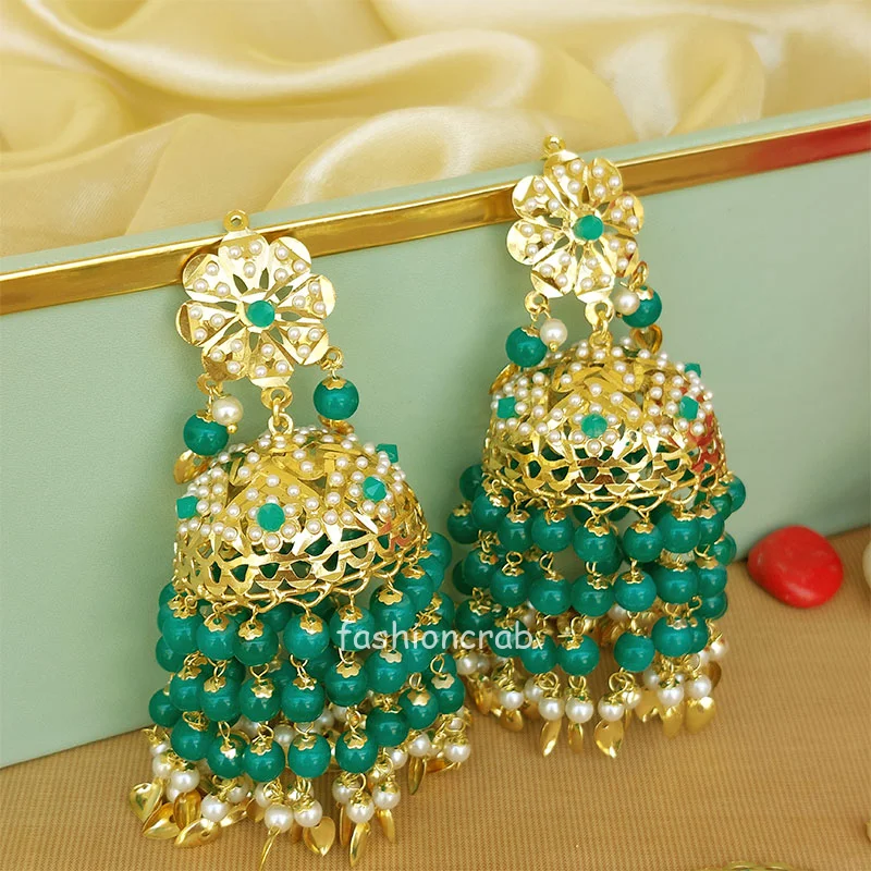 Peacock Green Heavy Jadau Jhumka Earrings for Punjabi Suit