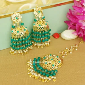 Peacock Green Heavy Jadau Jhumka Earrings for Punjabi Suit