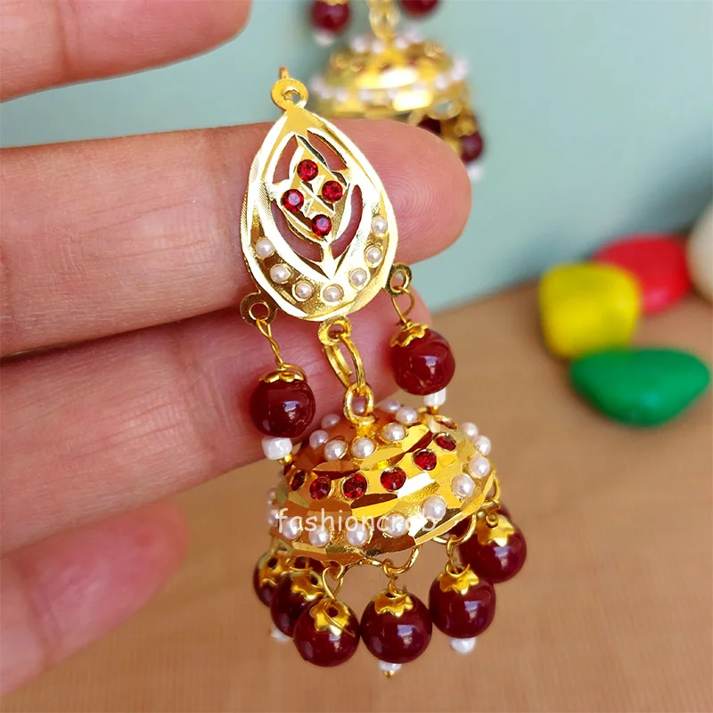 Pearl Studded Small Jhumka Earrings-Maroon