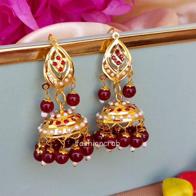 Pearl Studded Small Jhumka Earrings-Maroon Pearl Studded Small Jhumka Earrings-Maroon
