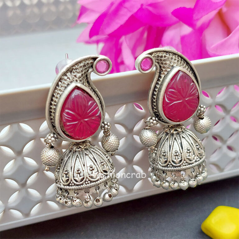 Pink Color Carving Stone Oxidised Jhumka
