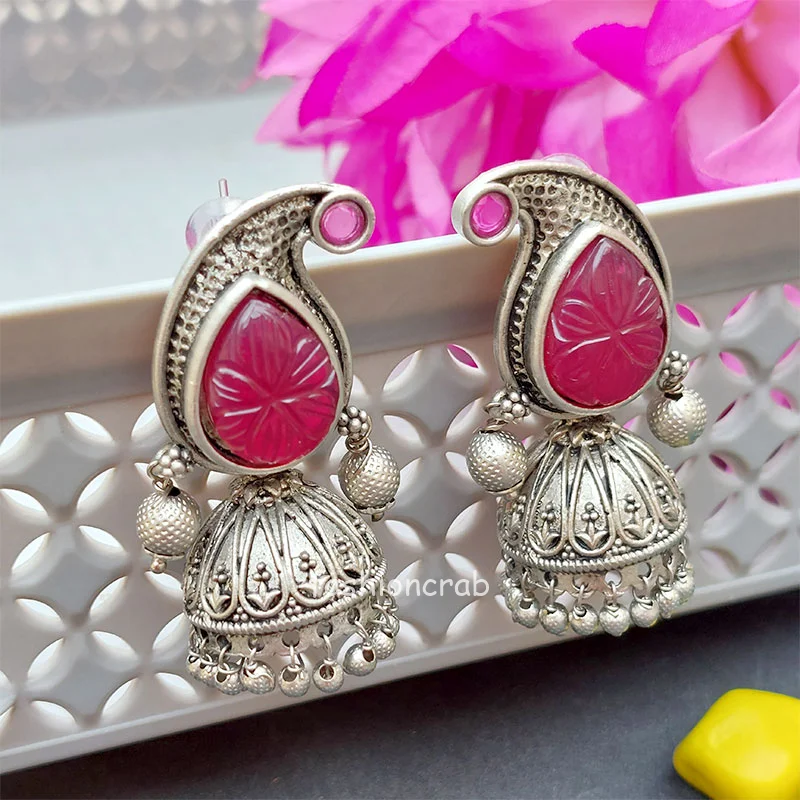 Pink Color Carving Stone Oxidised Jhumka