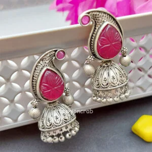 Pink Color Carving Stone Oxidised Jhumka