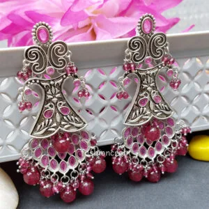 Pink Long Oxidised Earrings for Kitty Party
