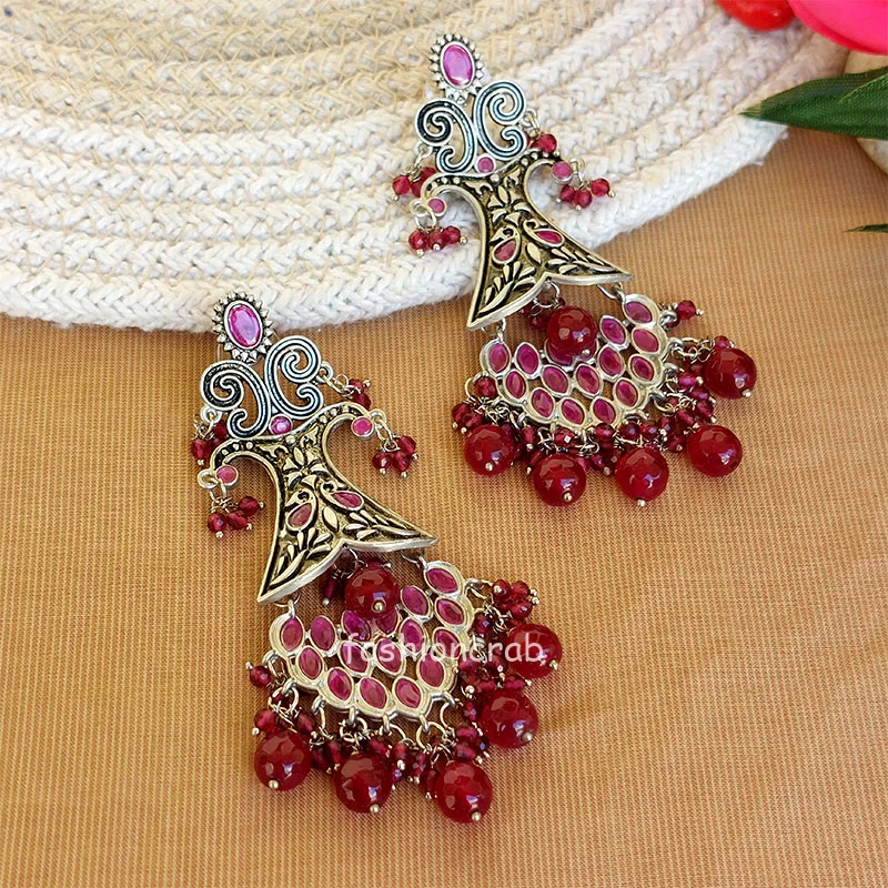 Pink Long Oxidised Earrings for Kitty Party