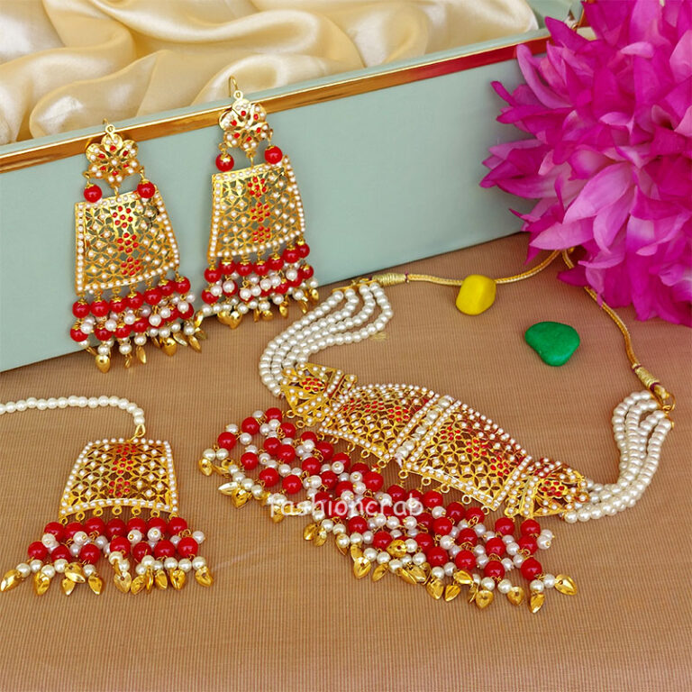 Traditional Folk Punjabi Jadau Choker Set - Red