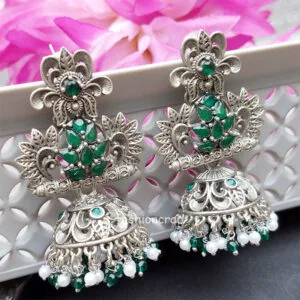 White Green Pearl German Silver Oxidised Earrings