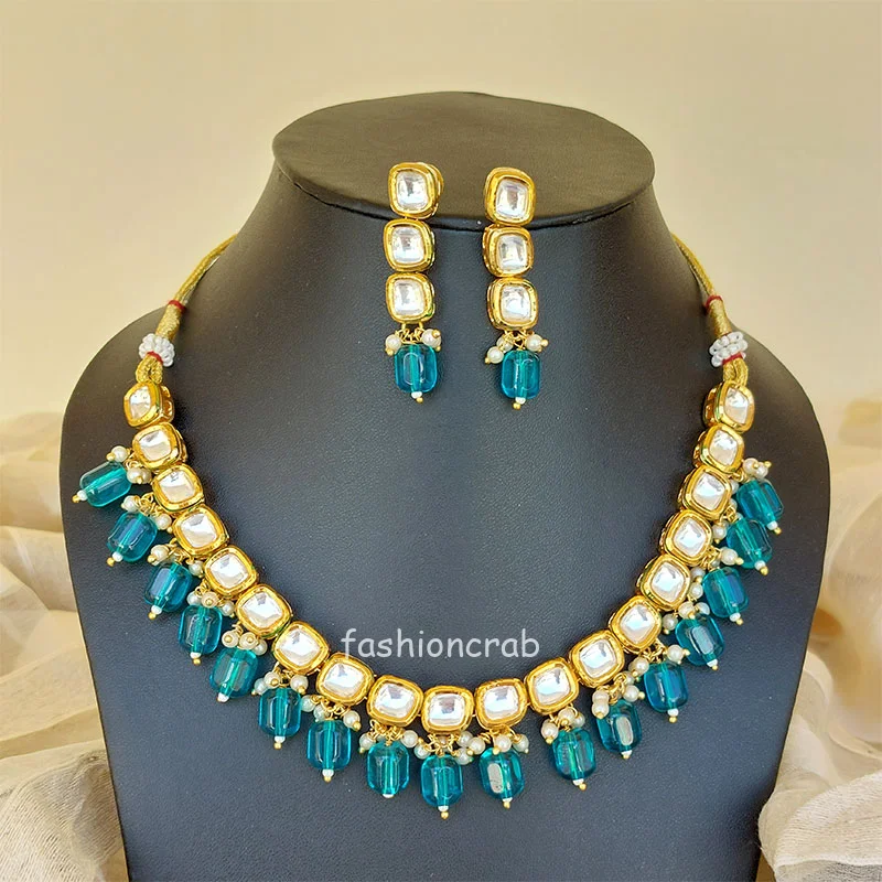 Kundan Necklace Set with Blue Pearl