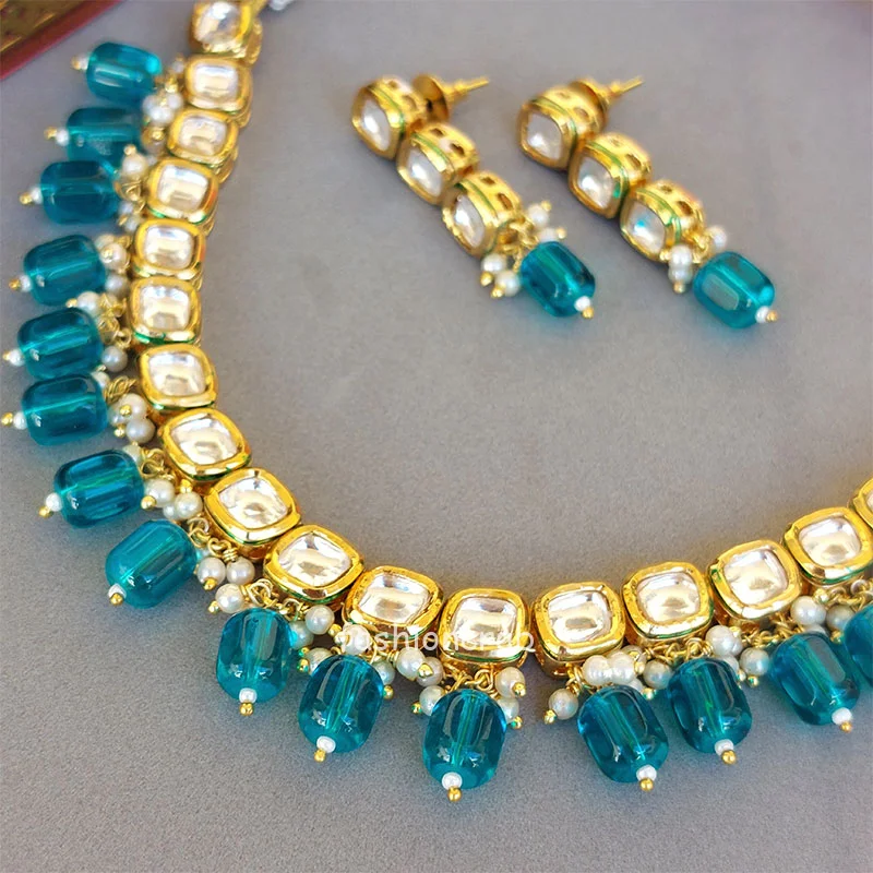 Kundan Necklace Set with Blue Pearl