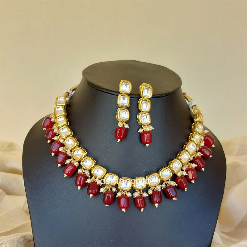 Kundan Necklace Set with Maroon Pearl