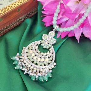 Sea Green Color Mirror Pearl Mala Set