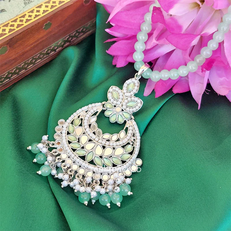 Sea Green Color Mirror Pearl Mala Set