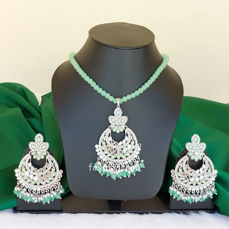 Sea Green Color Mirror Pearl Mala Set
