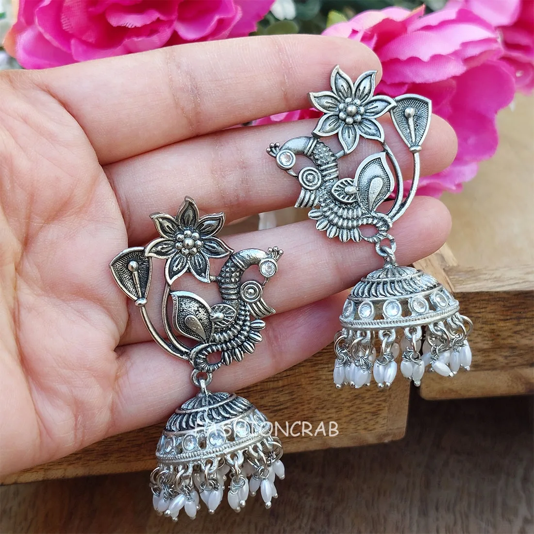 White Pearl Peacock Earrings