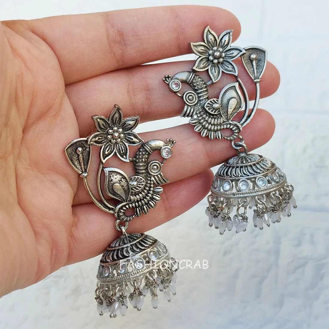 White Pearl Peacock Earrings