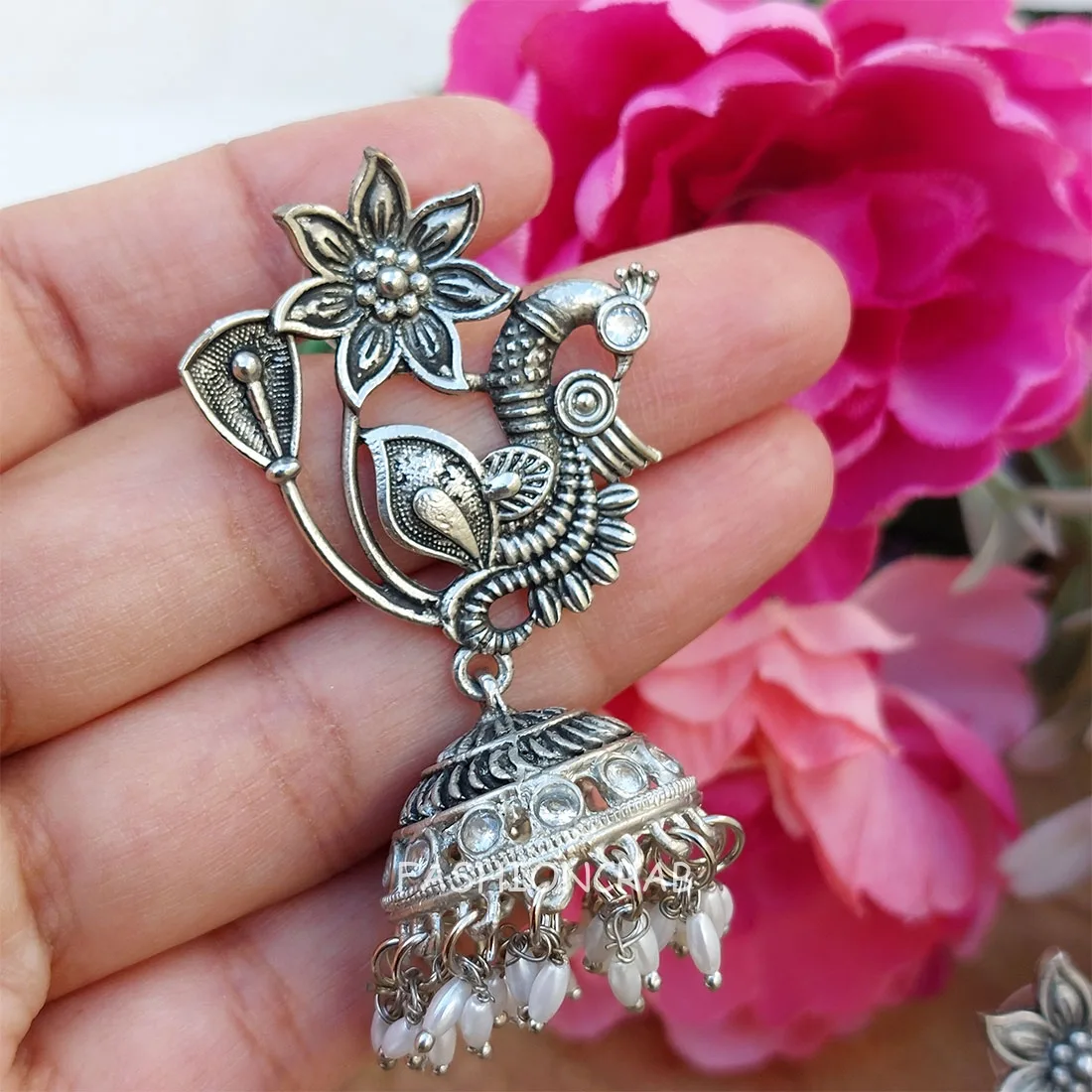 White Pearl Peacock Earrings