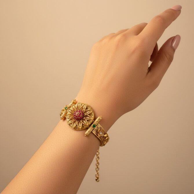 Designer Golden Bracelet for Wife - Pink-04 Designer Golden Bracelet for Wife - Pink