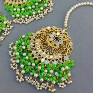 Green Mirror Earrings with Tikka