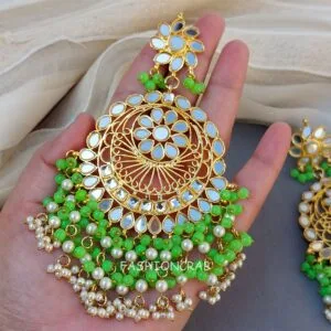 Green Mirror Earrings with Tikka