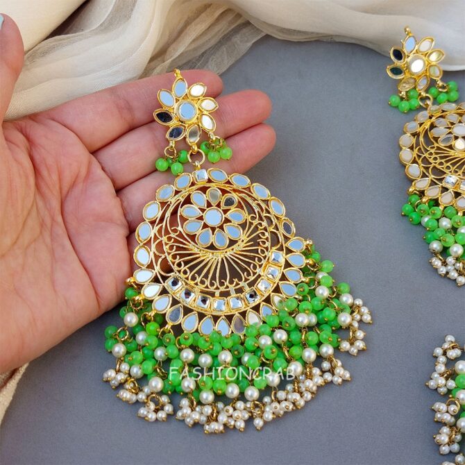Green Mirror Earrings with Tikka