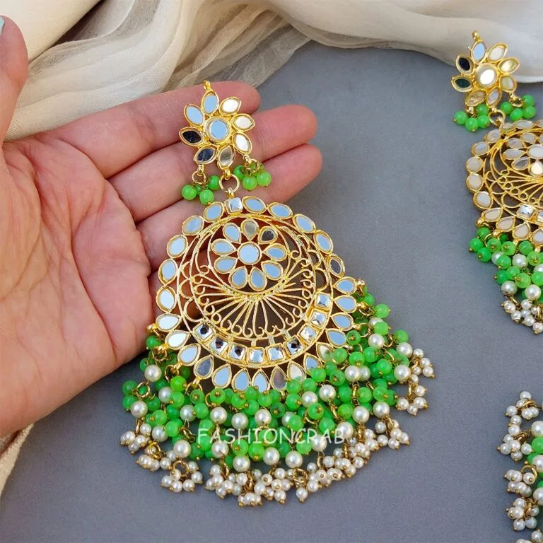 Green Mirror Earrings with Tikka