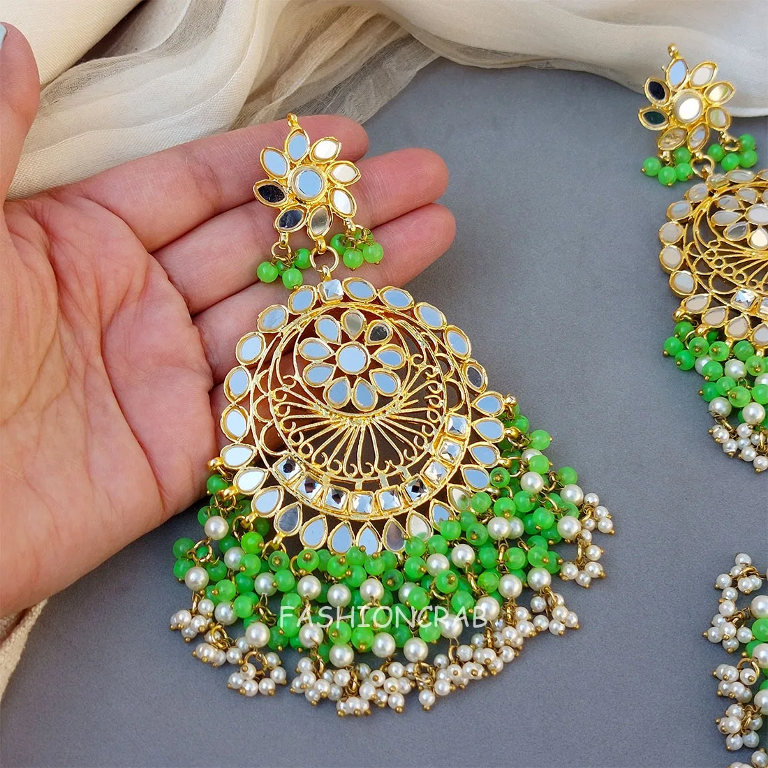 Green Mirror Earrings with Tikka