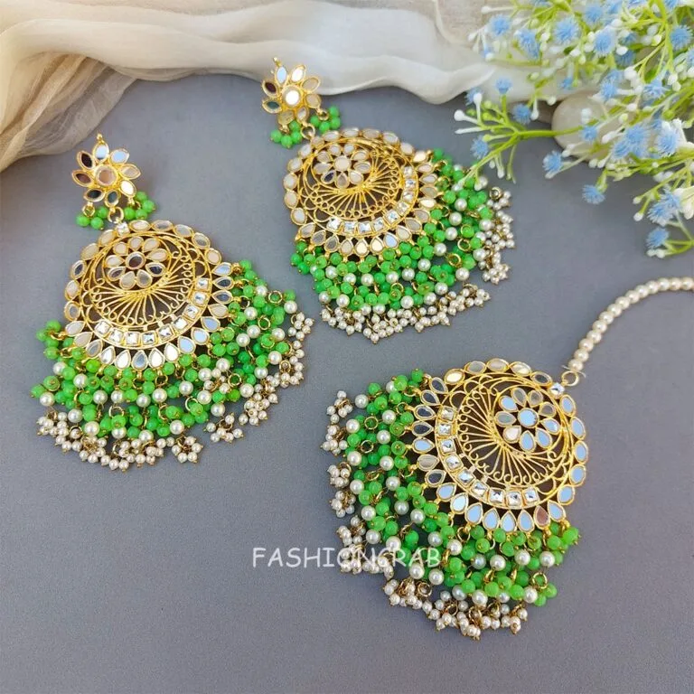 Green Mirror Earrings with Tikka