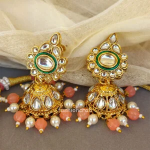 Peach Color Kundan Necklace Set for Wedding