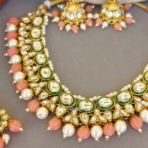 Peach Color Kundan Necklace Set for Wedding
