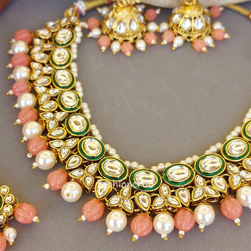 Peach Color Kundan Necklace Set for Wedding