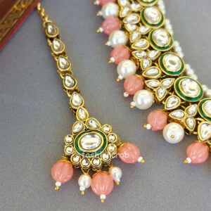 Peach Color Kundan Necklace Set for Wedding