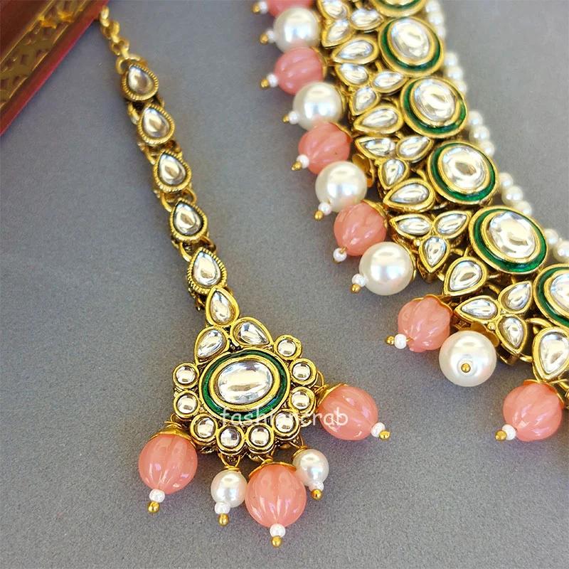 Peach Color Kundan Necklace Set for Wedding