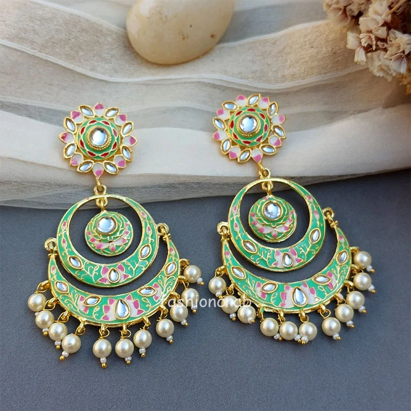 Niharika Chandbali Earrings - Light Green